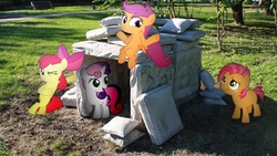 Size: 1920x1080 | Tagged: safe, artist:mr-kennedy92, apple bloom, babs seed, scootaloo, sweetie belle, g4, cutie mark crusaders, fort, irl, mattress, outdoors, photo, pillow fort, ponies in real life, shadow, vector
