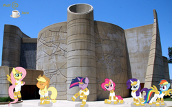 Size: 754x472 | Tagged: safe, artist:wolfjava, applejack, fluttershy, pinkie pie, rainbow dash, rarity, twilight sparkle, g4, building, irl, mane six, mighty morphin power rangers, outdoors, outfit, photo, ponies in real life, reference, vector