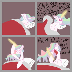 Size: 3500x3500 | Tagged: artist needed, safe, princess celestia, g4, angry, bed, comic, eyes closed, gritted teeth, horn, magic, modular, nose wrinkle, open mouth, phone, sleeping, surprised, wide eyes, yelling