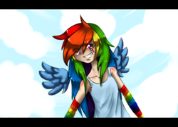 Size: 800x570 | Tagged: safe, artist:leimy, rainbow dash, human, g4, female, humanized, smiling, solo, winged humanization