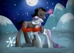 Size: 1024x731 | Tagged: safe, artist:alicjaspring, king sombra, sapphire joy, crystal pony, pony, unicorn, a tale of one shadow, g4, amber leaf, clothes, couple, hug, moon, night, scarf, shadow, shipping, snow, snowfall, sombra's cutie mark, sombrajoy