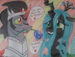 Size: 1024x768 | Tagged: safe, artist:1mystickurakan1, king sombra, queen chrysalis, g4, blushing, couple, cute, cutealis, diabetes, female, male, rose, ship:chrysombra, shipping, sombradorable, straight, unholy matrimony, valentine