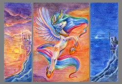 Size: 1451x999 | Tagged: safe, artist:maytee, princess celestia, g4, canterlot, duality, female, flying, solo, sunset, traditional art, triptych, working