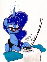 Size: 1021x1346 | Tagged: safe, artist:newyorkx3, princess luna, g4, dry cleaning, female, glasses, solo, traditional art