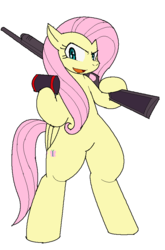 Size: 616x936 | Tagged: safe, artist:tetsutowa, fluttershy, pony, g4, bipedal, female, flutterbadass, gun, my battle pony, pixiv, shotgun, simple background, solo, weapon, white background