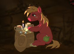 Size: 1626x1187 | Tagged: safe, artist:sigmanas, big macintosh, earth pony, pony, g4, barrel, cider, dark, darkness, drunk, male, sitting, solo, stallion, wip