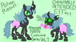 Size: 1280x720 | Tagged: safe, artist:emerald rush, oc, oc only, oc:emerald rush, changelingified, clothes, costume, diaper, diaper fetish, mouth hold, nightmare night, non-baby in diaper, pacifier, poofy diaper, potion, trick or treat