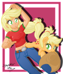 Size: 2128x2500 | Tagged: safe, artist:danmakuman, applejack, human, pony, g4, accessory swap, accessory theft, belly button, cute, hatless, human ponidox, humanized, jackabetes, midriff, missing accessory, silly, silly pony, who's a silly pony