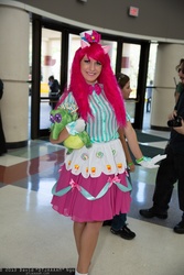 Size: 1365x2048 | Tagged: safe, artist:dtjaaaam, gummy, pinkie pie, human, g4, clothes, cosplay, dress, gala dress, gloves, irl, irl human, megacon, photo