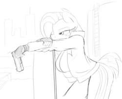 Size: 1103x897 | Tagged: safe, artist:zev, babs seed, anthro, g4, breasts, busty babs seed, desert eagle, female, fingerless gloves, grayscale, gun, monochrome, older, pistol, solo