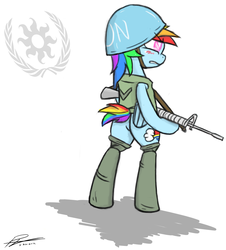 Size: 1280x1415 | Tagged: safe, artist:syggie, rainbow dash, pegasus, pony, ask islamashy, g4, bipedal, blushing, boots, female, gun, helmet, m16, mare, military, rifle, shoes, signature, simple background, solo, united nations, weapon, white background
