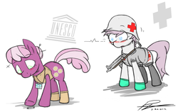 Size: 1280x809 | Tagged: safe, cheerilee, nurse redheart, earth pony, pony, ask islamashy, g4, blushing, female, gun, helmet, lesbian, mare, ship:cheeriheart, shipping, submachinegun, weapon