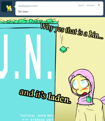 Size: 1000x1156 | Tagged: safe, fluttershy, ask islamashy, g4, bin, bin laden, blushing, box, female, hijab, islam, islamashy, juice, juice box, osama bin laden, pun, solo, tumblr, visual pun