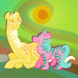 Size: 900x900 | Tagged: safe, artist:systemcat, creamsicle (g1), zig zag, giraffe, zebra, g1, duo, pony friends