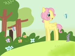 Size: 1024x768 | Tagged: safe, artist:flyonthewings, fluttershy, butterfly, rabbit, g4, adorascotch, butterscotch, colt, cute, foal, male, rule 63, rule63betes, solo, tree, younger