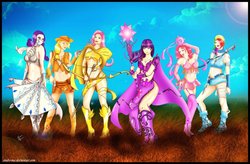 Size: 1102x724 | Tagged: safe, artist:andre-ma, applejack, fluttershy, pinkie pie, rainbow dash, rarity, twilight sparkle, human, g4, adventuring party, belly button, fantasy class, humanized, mane six, midriff