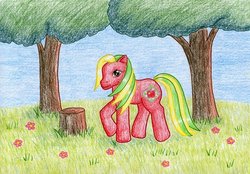 Size: 1024x714 | Tagged: safe, artist:normaleeinsane, applejack (g3), g3, cute, female, flower, g3 jackabetes, solo, traditional art, tree