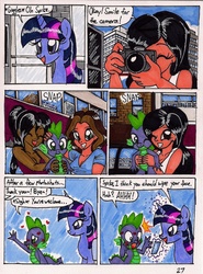 Size: 1280x1732 | Tagged: safe, artist:newyorkx3, spike, twilight sparkle, alicorn, dragon, human, pony, comic:twilight and the big city, g4, camera, cleavage, comic, female, heart, kiss mark, lipstick, male, mare, mirror, spike gets all the girls, traditional art, twilight sparkle (alicorn), waving