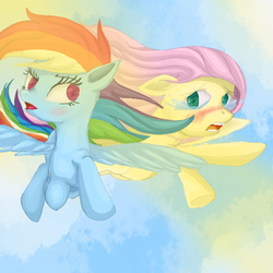 Size: 500x500 | Tagged: safe, artist:thederpycat, fluttershy, rainbow dash, g4, flying