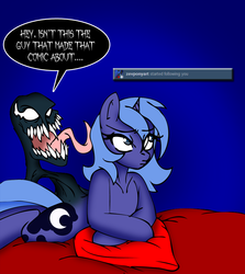 Size: 755x848 | Tagged: safe, artist:dankodeadzone, princess luna, pony, g4, bed, crossover, dialogue, female, mare, pillow, speech bubble, tumblr, venom, woona