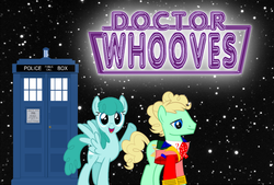 Size: 793x536 | Tagged: safe, doctor whooves, spring melody, sprinkle medley, time turner, earth pony, pegasus, pony, g4, clothes, colin baker, cravat, doctor who, frock coat, ponified, shirt, sixth doctor, tardis, the doctor, the explosion in a rainbow factory