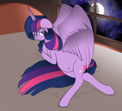Size: 2200x2004 | Tagged: safe, artist:v-d-k, twilight sparkle, alicorn, pony, g4, bed, bedroom eyes, belly button, female, mama twilight, mare, moon, pregnant, smiling, solo, twilight sparkle (alicorn)