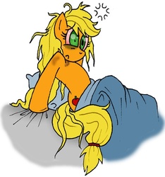Size: 500x534 | Tagged: safe, artist:susiebeeca, applejack, g4, after party, bed, bed mane, bloodshot eyes, female, hangover, morning ponies, pillow, red eyes, solo