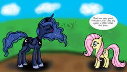 Size: 1024x576 | Tagged: safe, artist:shadowbolt82, fluttershy, princess luna, alicorn, pegasus, pony, g4, duo, eyes closed, female, flutteryay, mare, yay