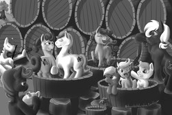 Size: 3150x2100 | Tagged: safe, artist:shunka warakin, earth pony, pony, background pony, barrels, drink, fiddle, food, grape stomping, grapes, grayscale, jug, monochrome, working