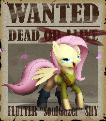 Size: 800x912 | Tagged: safe, artist:lionheartcartoon, fluttershy, butterfly, pegasus, pony, g4, animated, badass, clothes, description at source, description is relevant, female, flutterbadass, gif, mare, open mouth, pirate, poster, solo, wanted poster