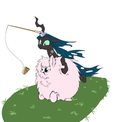 Size: 1451x1447 | Tagged: safe, artist:bluestreakfus, queen chrysalis, oc, oc:fluffle puff, g4, carrot on a stick, fishing, food, riding