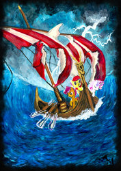 Size: 1024x1448 | Tagged: safe, artist:laura-g-art, apple bloom, scootaloo, sweetie belle, earth pony, pony, g4, boat, cutie mark crusaders, female, filly, lightning, painting, ship, traditional art, viking, viking ship, water
