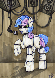 Size: 690x976 | Tagged: safe, artist:php174, sweetie belle, pony, robot, robot pony, unicorn, g4, eyes closed, female, hooves, horn, microphone, open mouth, singing, solo, species swap, sweetie bot, traditional art