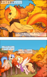 Size: 1300x2100 | Tagged: safe, artist:spittfireart, misty fly, spitfire, surprise, pegasus, pony, g4, :o, autumn, butt, camouflage, clothes, comic, concave belly, flying, leaves, open mouth, palindrome get, plot, prone, scarf, slender, smiling, spread wings, sweater, thin, tree, turtleneck, underhoof