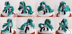 Size: 3072x1488 | Tagged: safe, artist:viistar, pony, figurine, hatsune miku, headphones, headset, hilarious in hindsight, microphone, ponified, sculpture, solo, turnaround, vocaloid