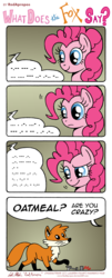 Size: 2845x7035 | Tagged: safe, artist:redapropos, pinkie pie, fox, g4, comic, morse code, oatmeal, oatmeal are you crazy, the fox, translated in the comments, what does the fox say?, ylvis