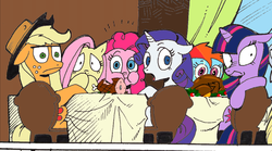 Size: 1024x568 | Tagged: safe, artist:andypriceart, edit, applejack, derpy hooves, fluttershy, pinkie pie, rainbow dash, rarity, twilight sparkle, earth pony, pegasus, pony, turkey, unicorn, g4, caught, cooked, dead, eating, female, food, ham, mane six, mare, meat, ponies eating meat, recolor, table, varying degrees of do not want, wide eyes