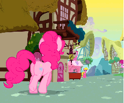Size: 646x540 | Tagged: safe, screencap, berry punch, berryshine, cherry berry, pinkie pie, earth pony, pony, a friend in deed, g4, animated, back of head, balloonbutt, butt, cropped, female, hoof click, jumping, mare, plot, solo focus