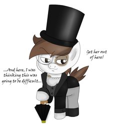 Size: 858x931 | Tagged: safe, artist:blackbewhite2k7, pipsqueak, earth pony, g4, arkham city, batman, clothes, colt, cravat, crossover, discorded, foal, frock coat, male, monocle, oswald cobblepot, pants, parody, sadism, solo, the penguin, top hat, umbrella, waistcoat