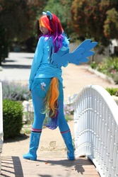 Size: 1067x1600 | Tagged: safe, artist:thesixthleafclover, rainbow dash, human, g4, boots, cosplay, ears, irl, irl human, photo, solo, tail, wings