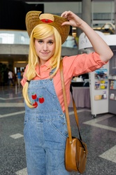 Size: 1198x1800 | Tagged: safe, artist:rappydemon, applejack, human, g4, cosplay, fanimecon, irl, irl human, overalls, photo, solo