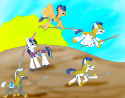 Size: 2172x1696 | Tagged: safe, artist:jrapcdaikari, flash sentry, shining armor, pegasus, pony, unicorn, g4, captain armor and guard sentry, fight, flying, magic, male, pegasus royal guard, royal guard, spear, stallion, sword, unicorn royal guard, war, weapon