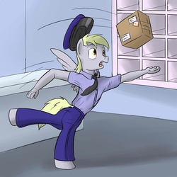 Size: 1280x1280 | Tagged: safe, artist:fuzebox, derpy hooves, anthro, unguligrade anthro, g4, catch, clothes, dopey hooves, hat, male, necktie, package, post office, rule 63, solo, uniform