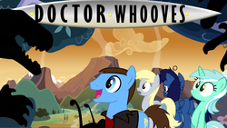 Size: 934x528 | Tagged: safe, derpy hooves, doctor whooves, lyra heartstrings, time turner, oc, pegasus, pony, g4, dinosaurs, female, jumper, mare, ninth doctor, peacoat, title card