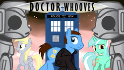 Size: 912x518 | Tagged: safe, artist:fedora, derpy hooves, doctor whooves, lyra heartstrings, time turner, cyber pony, cyberman, cyborg, pegasus, pony, g4, crossover, doctor who, female, jumper, mare, ninth doctor, peacoat, ponified, tardis, the doctor, title card