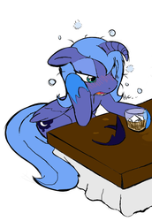 Size: 497x722 | Tagged: safe, artist:0r0ch1, princess luna, alicorn, pony, g4, alcohol, blushing, cropped, drunk, drunk bubbles, drunk luna, female, floppy ears, floppy horn, horn, s1 luna, solo, table