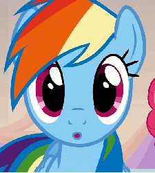 Size: 520x576 | Tagged: safe, screencap, pinkie pie, rainbow dash, earth pony, pegasus, pony, g4, games ponies play, season 3, :d, :o, animated, blue coat, blue fur, blue pony, blue wings, cute, dashabetes, dilated pupils, eye shimmer, eyes, female, folded wings, gif, happy, looking at you, loop, magenta eyes, mare, multicolored hair, multicolored mane, open mouth, open smile, perfect loop, rainbow hair, smiling, solo focus, weapons-grade cute, wings, wow
