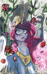 Size: 2081x3262 | Tagged: dead source, safe, artist:psychoon, discord, princess celestia, alicorn, pony, g4, crying, female, male, pink-mane celestia, rose, shadow, ship:dislestia, shipping, solo, straight, traditional art, younger