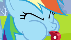 Size: 1280x720 | Tagged: safe, screencap, rainbow dash, g4, hurricane fluttershy, blowing, blowing whistle, coach, coach rainbow dash, female, puffy cheeks, rainblow dash, solo, training, whistle