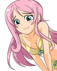 Size: 815x1015 | Tagged: safe, artist:jollyrogers5, edit, fluttershy, human, g4, belly button, bikini, bra, breasts, busty fluttershy, cleavage, clothes, cute, female, humanized, shyabetes, smiling, solo, swimsuit, underwear